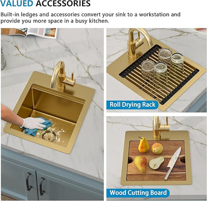 13"x15" Drop In Bar Prep Sink Workstation – Brushed Gold NANO-PVD, 16 Gauge 304 Stainless Steel, Single Bowl Top Mount Wet Bar RV Outdoor Kitchen Sink with Faucet