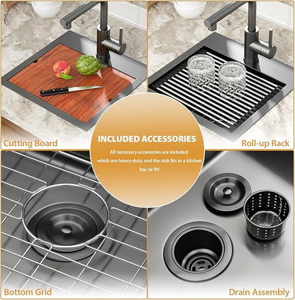 Mocoloo 15 Inch Black Bar Sink with Faucet, 16 Gauge Drop in Workstation Sink - 15x15x9" Stainless Steel Single Bowl Small Rv Kitchen Sink with Pull-Out Faucet