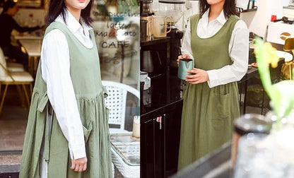 Women Plus Size Cotton Linen Vintage Pleated Split Apron Pinafore Dress with Two Pockets