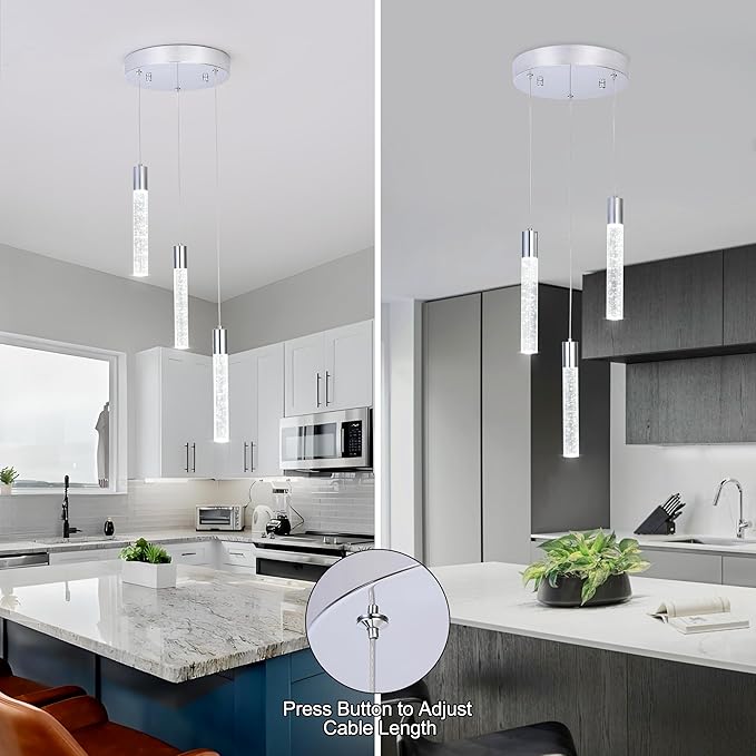 3 Light Pendant Lights Kitchen Island,Modern LED Bubble Crystal Pendants with Dimmable 3000K-6000K Ceiling Hanging Light Fixture for Dining Room Bedroom,Chrome Finish,Adjustable Height 59"