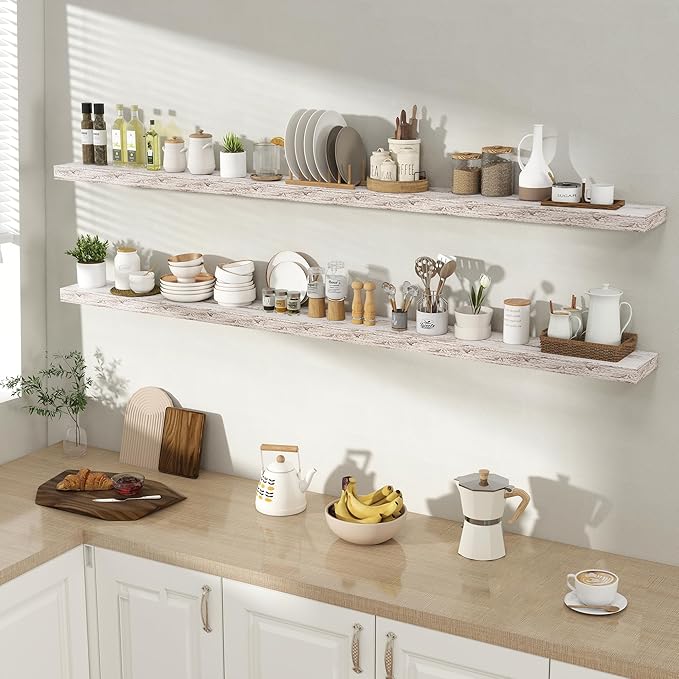 Acovy 72 Inch Floating Shelves for Wall 2 Pack, 72" Wall Shelves for Books, Storage, Decor, Wall Mounted Floating Shelf with Invisible Brackets for Kitchen, Living Room, Rustic