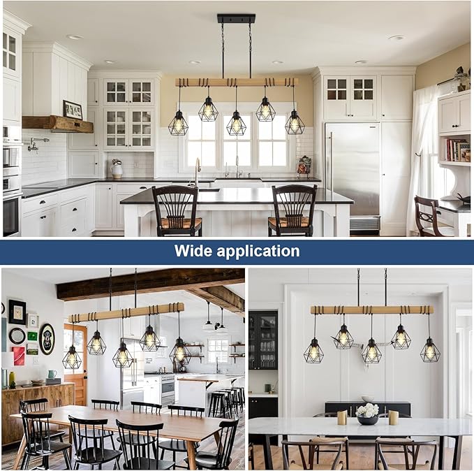 38" Farmhouse Kitchen Light Fixture, Black Hanging Kitchen Chandelier, 5-Light Rustic Dining Room Light Adjustable Height with Wood and Metal Frame, Suit for Farmhouse, Industrial Style