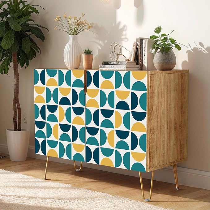 SIGNWIN Sideboard Buffet Cabinet, Kitchen Storage Cabinet with 2 Doors, Yellow & Blue Retro Polygon Pattern, Cupboard Console Table for Dining Room - 35" L x 18" W x 29" H