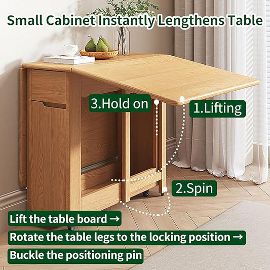 Expandable Table Dining Convertible Tables for Small Spaces Collapsible Kitchen Table Table with Wheels and Drawers Folding Desk Table,Wood Color,14cm