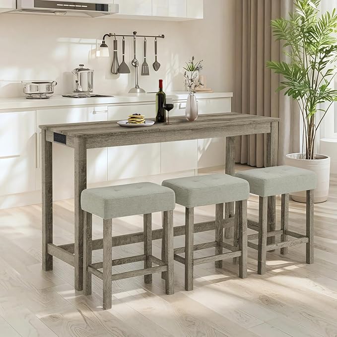 LKTART Kitchen Bar Table and Chairs Set, 4 Piece Bar Height Dining Table Set with Power Outlet and 3 Upholstered Stools Industrial Breakfast Nook, Small Space Living Room, Brown