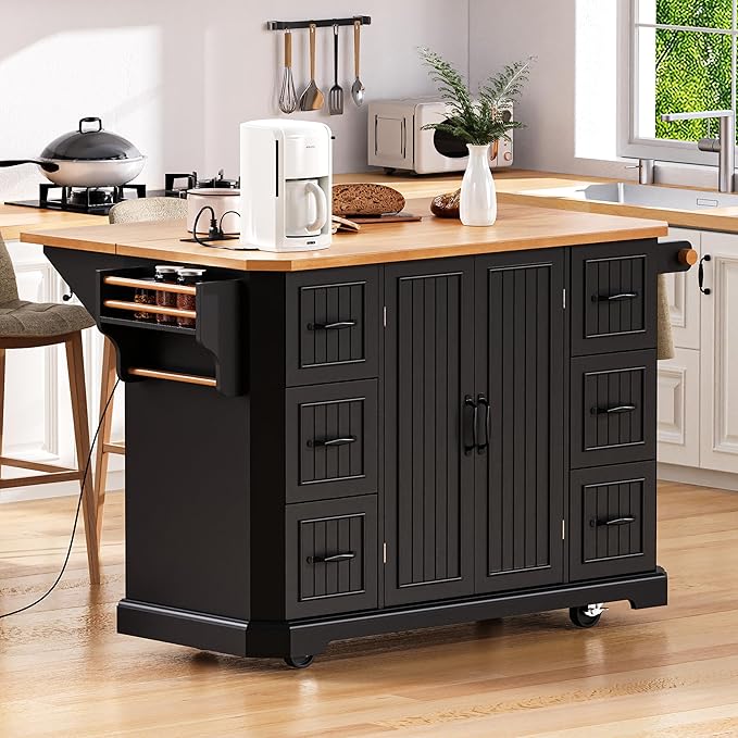 Ball & Cast 56" Large Kitchen Island with Drop Leaf and Power Outlet,Rolling Kitchen Cart on 4 Wheels W/ 6 Drawers,Folding Storage Dining Table W/Spice & Towel Rack,for Kitchen,Dining Room,Black