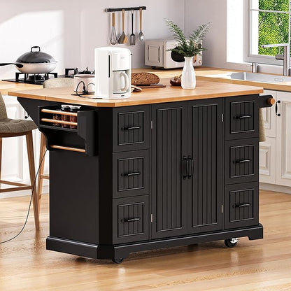 Ball & Cast 56" Large Kitchen Island with Drop Leaf and Power Outlet,Rolling Kitchen Cart on 4 Wheels W/ 6 Drawers,Folding Storage Dining Table W/Spice & Towel Rack,for Kitchen,Dining Room,Black