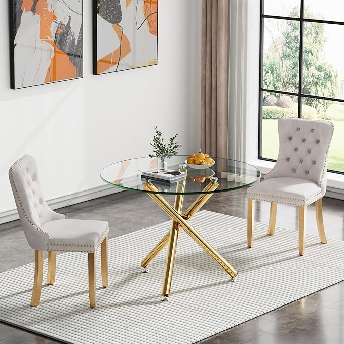 Round Glass Dining Table, Tempered Glass Tabletop and Metal Legs, Modern Style Glass Kitchen Table for Home, Kitchen, Dining Room (Gold, 36'' Round Table)