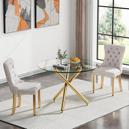Round Glass Dining Table, Tempered Glass Tabletop and Metal Legs, Modern Style Glass Kitchen Table for Home, Kitchen, Dining Room (Gold, 36'' Round Table)