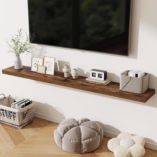 Fun Memories 72 Inch Fireplace Mantel Shelf, 10 Inch Deep Shelves for Display & Wall Storage, Rustic Wood Wall Shelf, Extra Long Floating Shelves for Living Room Laundry Room, Rustic Brown, Set of 1