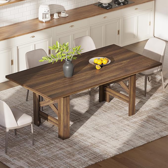 IDEALHOUSE 71" L Farmhouse Dining Table for 6-8, Rectangular Barn Wooden Kitchen Table with a Rock-Strong Thick Base, Triangular Legs, Long Dining Room Table for Office, Kitchen, Apartments, Walnut