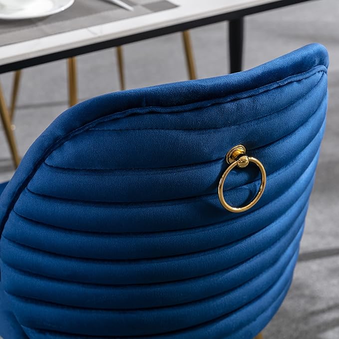 Modern Velvet Dining Chairs Set of 2, Woven Accent Kitchen Chairs with 4 Sturdy Golden Metal Legs and Back, Armless Side Chair with Ring for Indoor, Kitchen Island, Dining Room, Living Room (Blue)