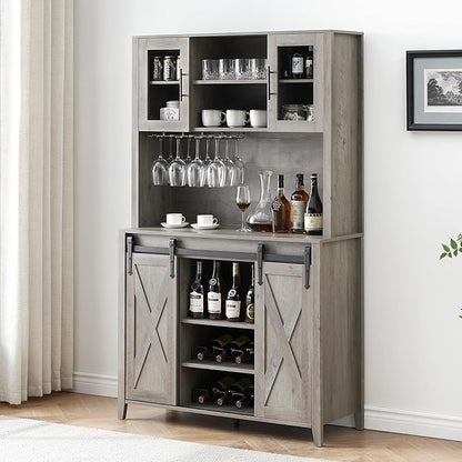 IDEALHOUSE 70'' Wine Coffee Bar Cabinet with Storage Hutch, Tall Kitchen Pantry Liquor Cabinet with Sliding Barn Doors, Bottle Glasses Rack, Farmhouse Buffet for Home Dining Room, Gray Oak