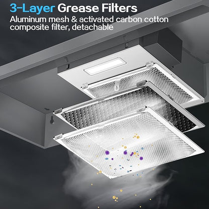 24 inch Range Hood Under Cabinet, Stainless Steel Kitchen Hood 280CFM, Ducted/Ductless Vent Hood with Rocker Button Control, Stove Hood with 2 Speeds Fan, Bright LED Light