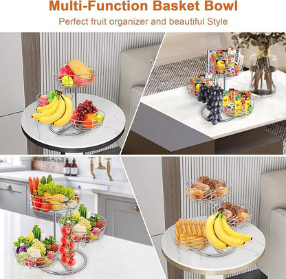 Livabber Fruit Basket Bowl with Banana Hanger, Fruit Vegetable Storage Basket with Banana Tree Holder for Kitchen Counter, Detachable Organizer for Bread Snack Produce (Chrome, 3-Tier Metal Base)