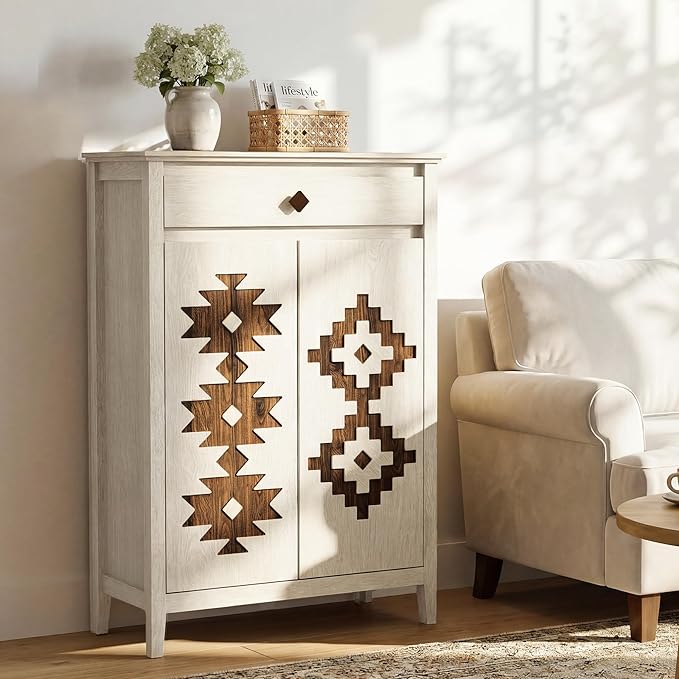 5-Tier Shoe Cabinet with Drawers, Wooden Shoe Storage Cabinet with Adjustable Shelves,Simple Tribal Style Freestanding Walnut Shoe Cabinet Suitable for Entrance,Corridor,Cloakroom,White