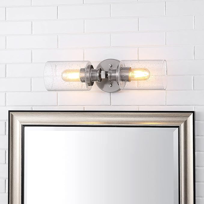 JONATHAN Y 16.5" Nickel 2-Light LED Wall Sconce, Modern Farmhouse Vanity Light with Seeded Glass Shade, Industrial Iron Fixture for Bathroom Mirror, LED Bulbs Included (JYL7577C)