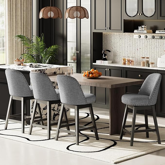 MALOL Swivel Bar Stools Set of 4, Upholstered Fabric Mid Century Mondern Barstools, 26 inch Counter Height Bar Chairs with Solid Back and Wood Legs, for Kitchen Island，Dark Grey
