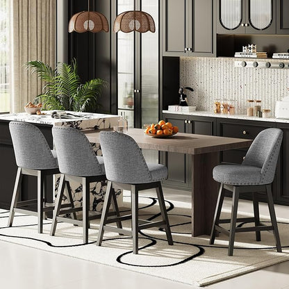 MALOL Swivel Bar Stools Set of 4, Upholstered Fabric Mid Century Mondern Barstools, 26 inch Counter Height Bar Chairs with Solid Back and Wood Legs, for Kitchen Island，Dark Grey