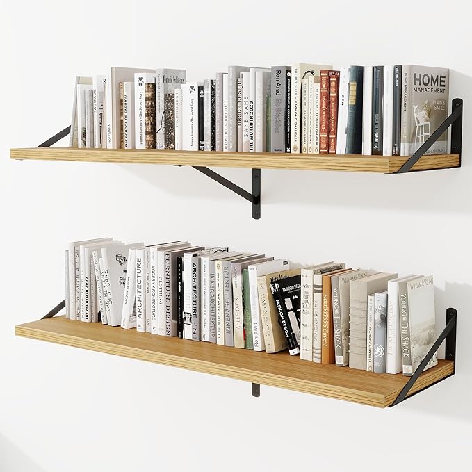 Deep Wall Shelves 48"W x 12"D Engineered Wood Floating Shelves for Wall, Sturdy Metal Bracket Bookshelves Home Decor Storage for Living Room Bedroom Bathroom Kitchen, Set of 2, Oak Finish