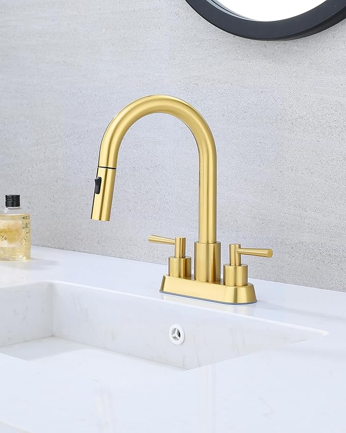 Bathroom Faucet with Pull Out Sprayer, Brushed Gold Bathroom Faucet 3 Holes, 2 Handle Bathroom Sink Faucet with 360 Degree Swivel Spout, Pop Up Drain Assembly Included