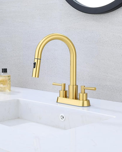 Bathroom Faucet with Pull Out Sprayer, Brushed Gold Bathroom Faucet 3 Holes, 2 Handle Bathroom Sink Faucet with 360 Degree Swivel Spout, Pop Up Drain Assembly Included