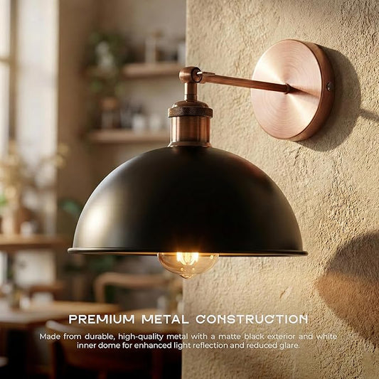 Dome Metal Wall Sconce, 180° Adjustable Industrial Wall Lamp for Bedside, Study, Kitchen, and Living Room Décor. (Black Inner Gold_)