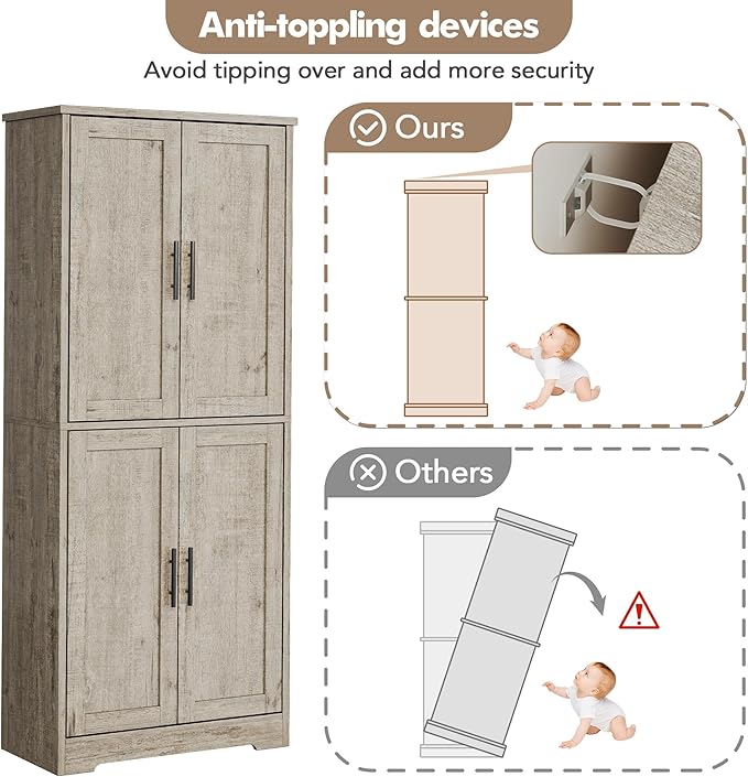 GarveeLife 70" Tall Kitchen Pantry,Farmhouse Storage Cabinet with Adjustable Shelves,Farmhouse Pantry Cabinet with 4 Barn Doors, for Kitchen,Dining Room,Living Room.(Grey)