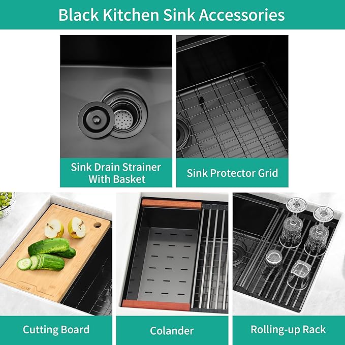 LQS Black Undermount Kitchen Sink, 32 Inch Undermount Kitchen Workstation Sink with X-Shaped Drain Line, 10 Inch Deep Single Bowl Black Kitchen Sinks For Modern Kitchen