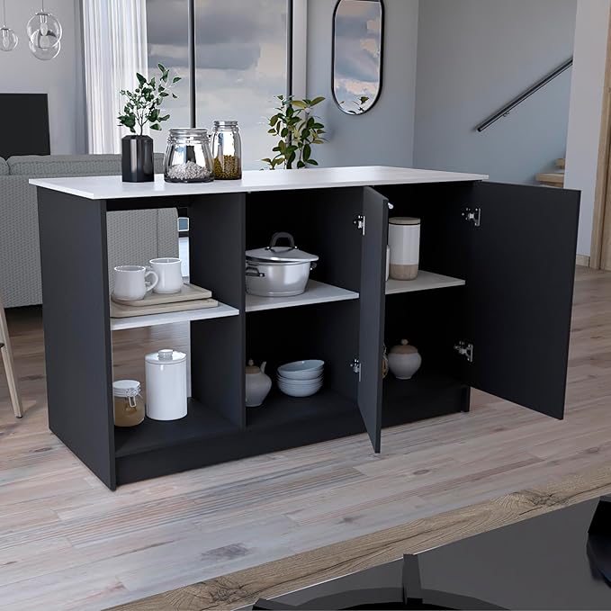 GOWE Juniper Kitchen Island with Large Top Surface, Double Door Cabinet, and Open Shelves Black/Ibiza Marble