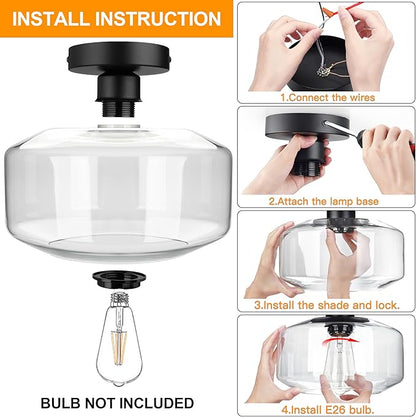 MAXvolador Industrial Semi Flush Mount Ceiling Light Extra Large, Clear Glass Pendant Lamp Shade, Vintage Hanging Light Fixtures, Lighting for Hallway