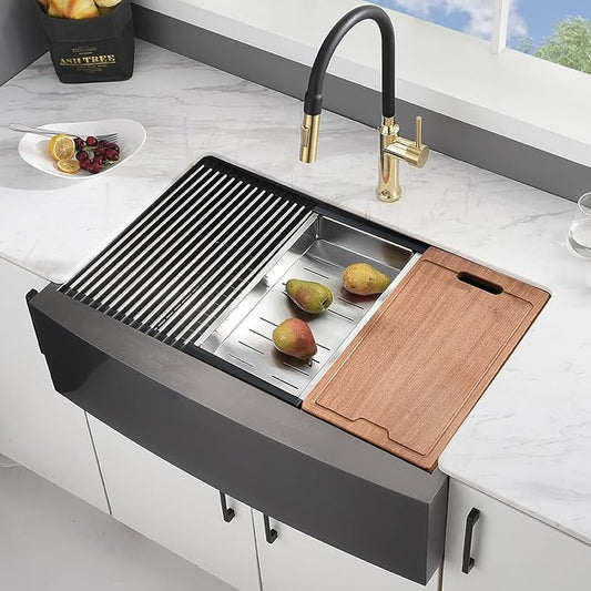33x22 Double Bowl Farm Sink for Kitchens Workstation - 33 Inch Black Stainless Steel Farmhouse Kitchen Sink Double Bowl, Apron Undermount Double Kitchen Sink with Accessories