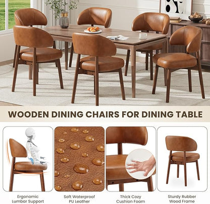 MALOL Wooden Dining Chairs Set of 6, Modern Upholstered Dining Room Chair, PU Leather Kitchen Side Chairs with Curved Open Back for Living Room/Restaurant/Cafe, Brown