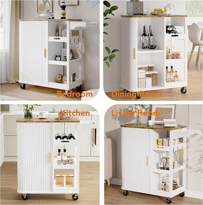 Small Rolling Kitchen Island Cart with Sliding Doors, 35.3“ Mobile Kitchen with Storage, Adjustable Height Shelves, Locking Casters Storage Island Table for Kitchen, Living Room, Dining Room（White）