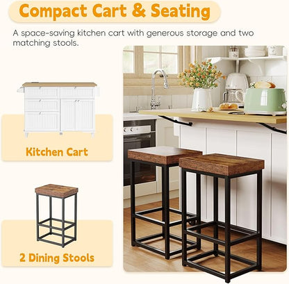 Farmhouse Kitchen Island with Drop Leaf and 2 Seatings, Kitchen Table Set with Storage Cabinet, Drawers, Door Shelves and Power Outlet, White+Rustic Brown