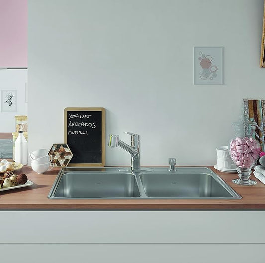 Kindred Creemore 33-in LR x 22-in FB x 8-in DP Drop In Double Bowl 1-Hole Stainless Steel Kitchen Sink, FCDLA3322-8-1CBN