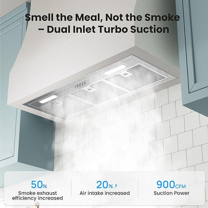 VIKIO HOME Range Hood Insert 30 Inch 900 CFM, 5-Layer Aluminum Mesh Filter, Ducted/Ductless Stainless Steel Built Kitchen Vent, 3-Speed Push Button Controls&LED Lights