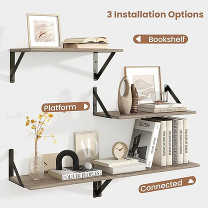 Axeman Floating Shelves for Wall, 8 Inch Deep Grey Wall Shelves Set of 2, 16''W x 8''D Rustic Grey Wood Shelves for Farmhouse Bookshelf Living Room Bedroom