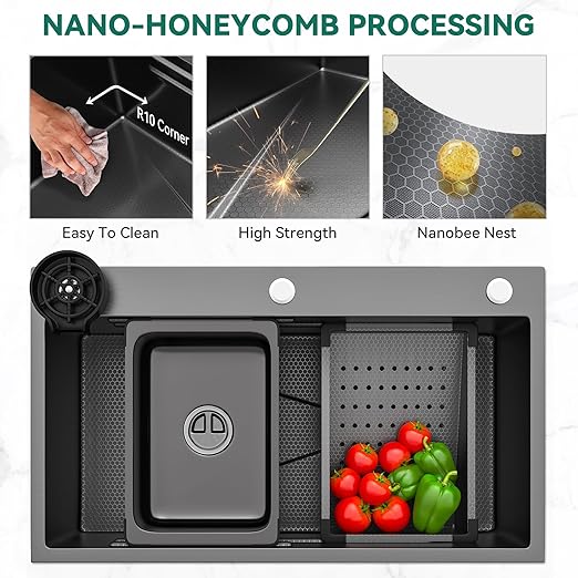 YITAHOME Drop In Kitchen Sink Workstation 30 Inch, Top mount Stainless Steel Nano Gunmetal Black Sink w/Glass Rinser, Cutting Board, Handmade Single Bowl Sink with Accessories 30 x 18 x 10in