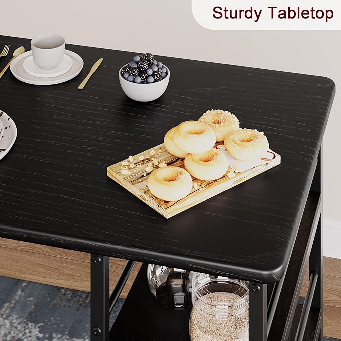 TrailBlaze 3-Piece Dining Table Set for 2, Counter Height Bar Kitchen Table with 3 Storage Shelves, Upholstered Chairs - Space-Saving Furniture for Apartment, Bistro - Rustic Black - 1+2 Set