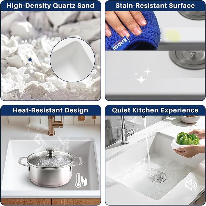 Enbol 24 Inch Undermount Kitchen Sink White Quartz Undermount Kitchen Sink Single Bowl Granite Composite Sink with Strainer 2418-W (24”X18”)