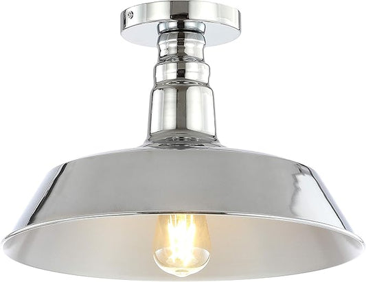 JONATHAN Y 14" Chrome Industrial LED Semi Flush Mount Ceiling Light for Porch, Kitchen, Entryway, Modern Farmhouse Iron Fixture, White Metal Shade, LED Bulb Included (JYL9516B)
