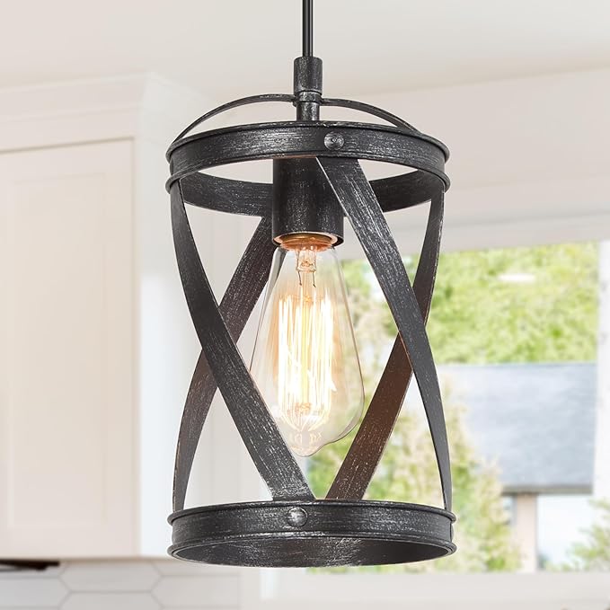 LOG BARN Farmhouse Cage Pendant Light Fixtures, Rustic Industrial Hanging Pendant Lighting with Brushed Finish for Kitchen Island, Foyer, Hallway, Bedroom and Entryway