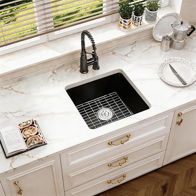 Black Undermount Kitchen Sink, Granite Composite Kitchen Sink with Drain Assembly & Bottom Gird,18 Inch Quartz Stone Kitchen Sink,Small Kitchen Sinks used at Bar,Outdoor and WetBar (Black, 18"x18")