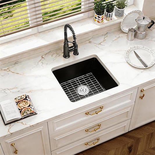 Black Undermount Kitchen Sink, Granite Composite Kitchen Sink with Drain Assembly & Bottom Gird,18 Inch Quartz Stone Kitchen Sink,Small Kitchen Sinks used at Bar,Outdoor and WetBar (Black, 18"x18")