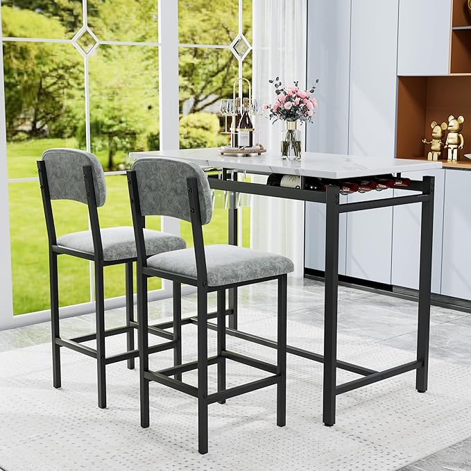 Modern Bar Height Table and Chairs Set - Compact Bar Table and Chairs for 2, Perfect as Small Kitchen Table, Kitchen Island with Seating, or Dining Table with Chairs (Gray)
