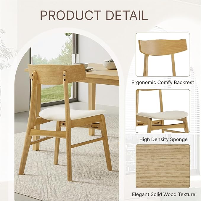 KISLOT Wooden Dining Chairs Set of 4, Upholstered Modern Dining Room Chairs, Mid Century Oak Kitchen Chairs with Curved Wood Backrest for Kitchen, Restaurant, Farmhouse (Cream Fabric & Original Color)