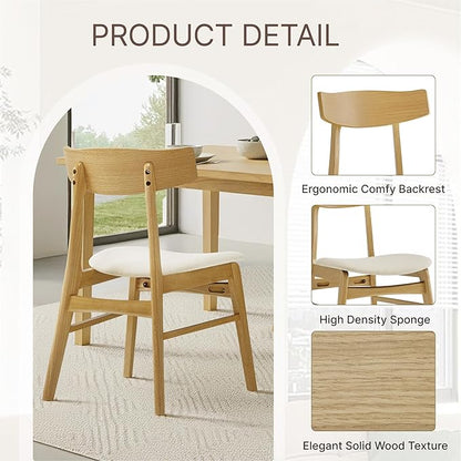 KISLOT Wooden Dining Chairs Set of 4, Upholstered Modern Dining Room Chairs, Mid Century Oak Kitchen Chairs with Curved Wood Backrest for Kitchen, Restaurant, Farmhouse (Cream Fabric & Original Color)
