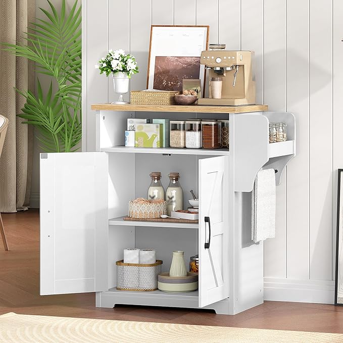 YATINEY Coffee Bar Cabinet, Kitchen Island with Storage, Farmhouse Sideboard Buffet Cabinet with Dual-Purpose Floating Shelf and Hooks, for Kitchen Living Room, White and Natural KF22WN
