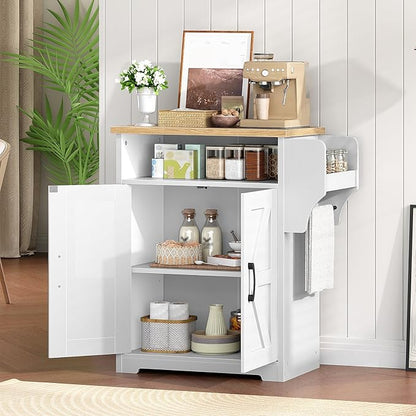 YATINEY Coffee Bar Cabinet, Kitchen Island with Storage, Farmhouse Sideboard Buffet Cabinet with Dual-Purpose Floating Shelf and Hooks, for Kitchen Living Room, White and Natural KF22WN